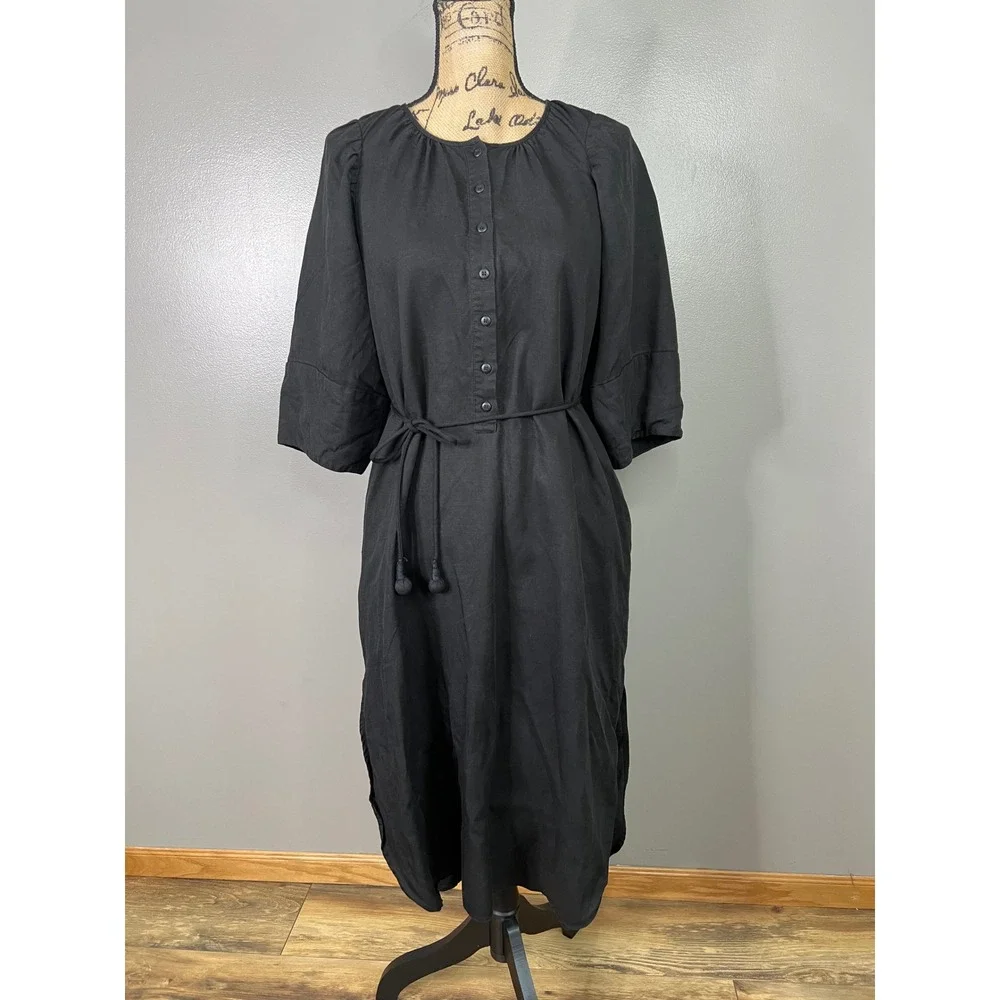 Apiece Apart Tencil linen black belted midi‎ dress size 2 oversized minimalist